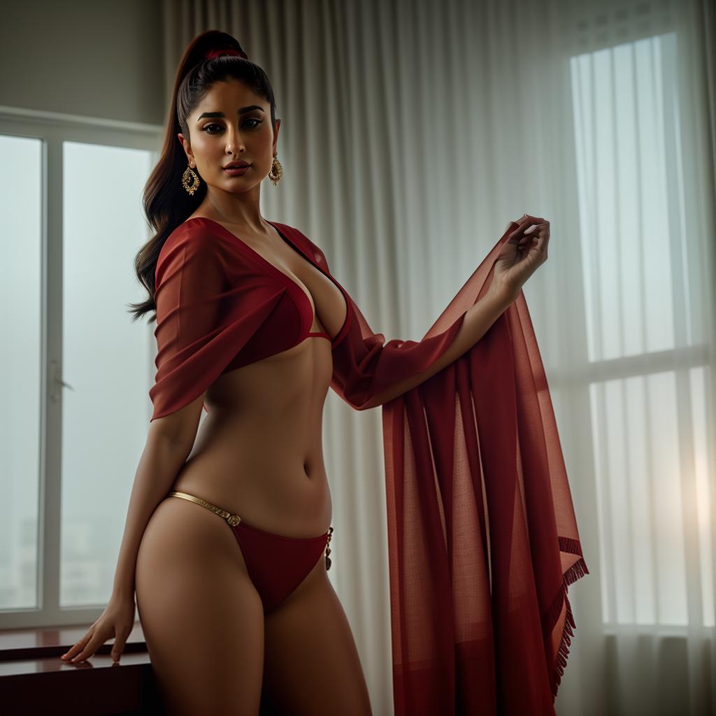  (((NSFW))). Curvy Kareena Kapoor, wearing a bold, red sari, posing confidently in a luxurious, high-end hotel suite. Highly detailed, ultra realistic, ultra high quality, 8k. , hyperrealistic, high quality, highly detailed, cinematic lighting, intricate, sharp focus, f/1. 8, 85mm, (centered image composition), (professionally color graded), ((bright soft diffused light)), volumetric fog, trending on instagram, HDR 4K, 8K
