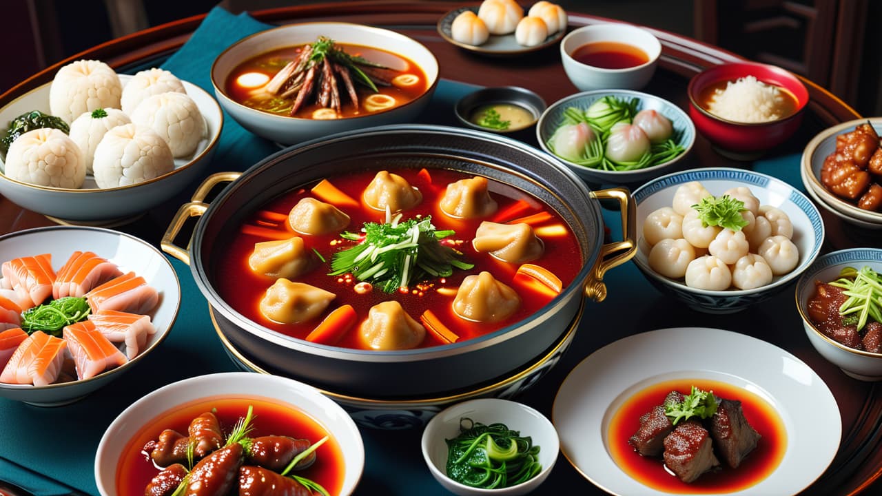  @ image prompt: a vibrant collage of iconic dishes from various chinese culinary regions, including spicy sichuan hot pot, delicate cantonese dim sum, hearty peking duck, fresh seafood from jiangsu, and flavorful xinjiang lamb skewers, set against a backdrop of traditional chinese dining settings. hyperrealistic, full body, detailed clothing, highly detailed, cinematic lighting, stunningly beautiful, intricate, sharp focus, f/1. 8, 85mm, (centered image composition), (professionally color graded), ((bright soft diffused light)), volumetric fog, trending on instagram, trending on tumblr, HDR 4K, 8K