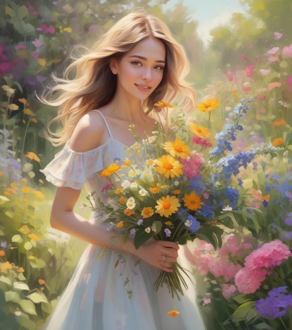  concept art garden wonders, beautiful woman holding a bouquet of wild flowers to her face, detailed summer garden background, wearing a summer dress, perfect face, delicate face, vivid colors, happiness, oil painting, expressive brushwork, highly detailed, delicate details . digital artwork, illustrative, painterly, matte painting, highly detailed