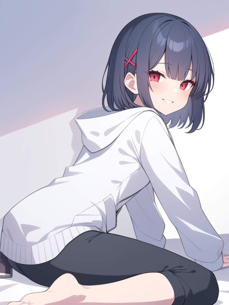  short black hair,red eyes,red hairpin,white hoodie,black pants,and a naughty smile.