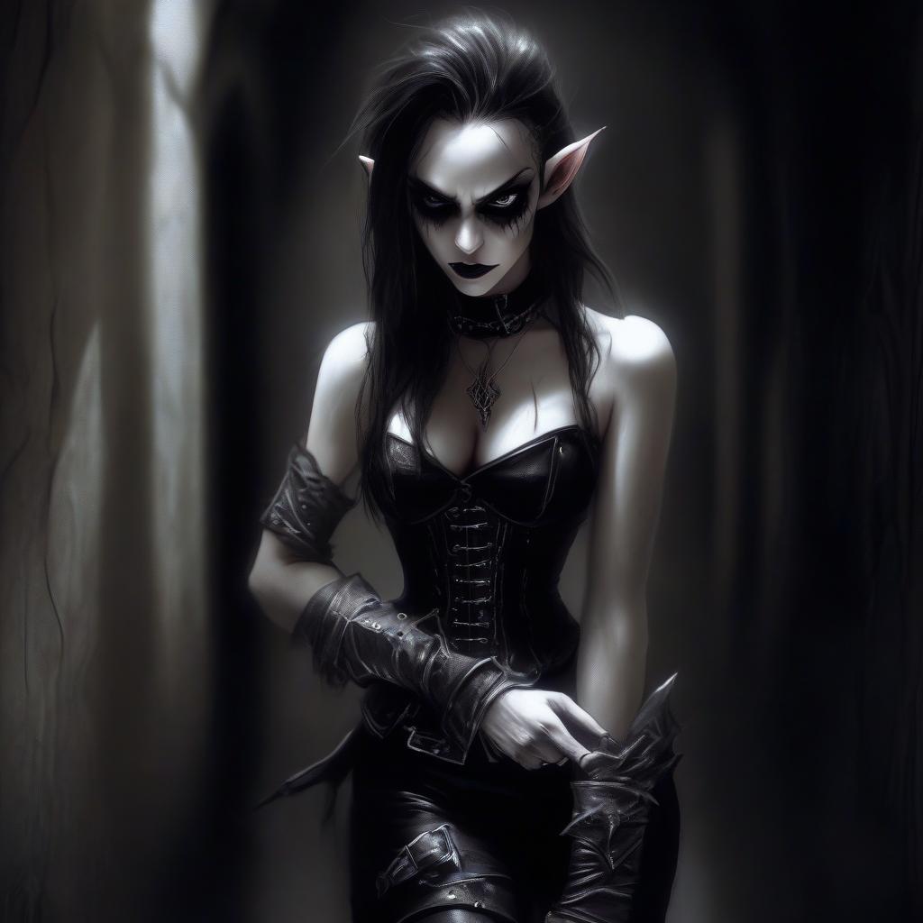  macabre style dark fantasy. a very thin girl elf thief fighter, with white alabaster skin, in a leather white open corset, in black leather pants, in wrists, in white shoes, holding a stiletto in her hand. in the dark hallway. . dark, gothic, grim, haunting, highly detailed