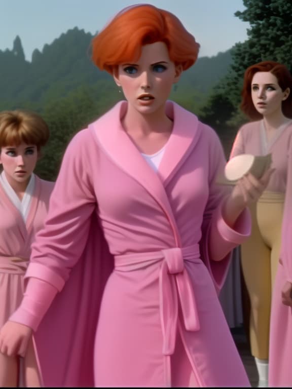  dvd screengrab from a 1989 film, girl resembling triss merigold wearing in pink robe and tights