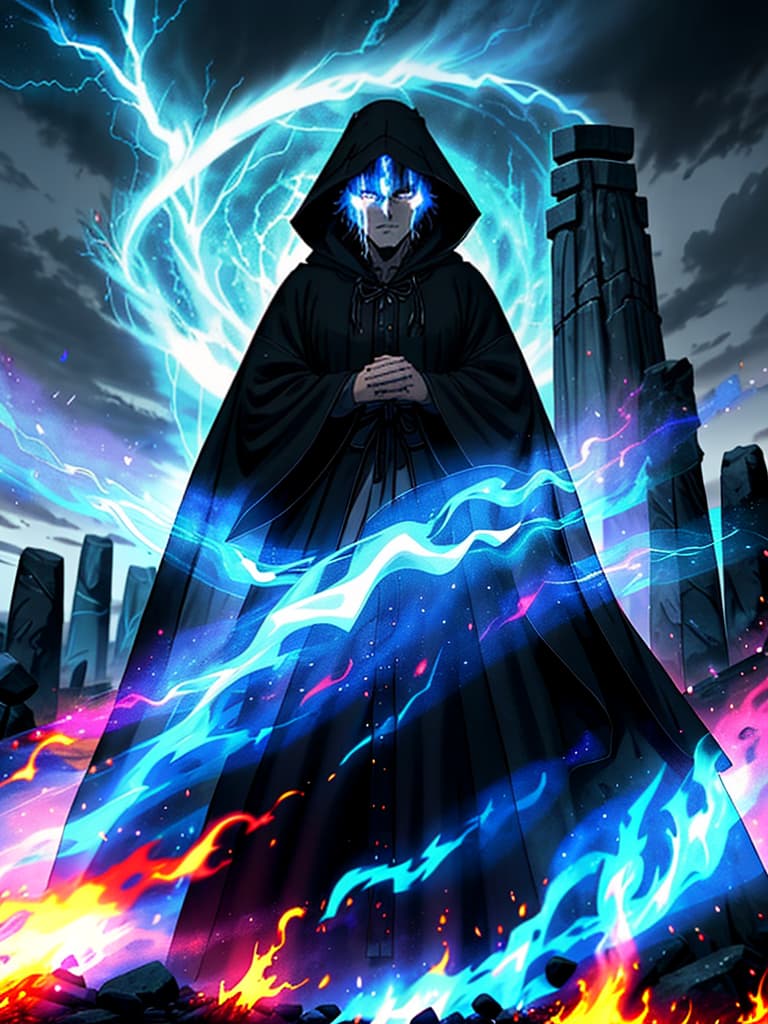  Pagan warlock, facing viewer, wearing a hooded cloak, his face hardened, eyes cold, a scar runs down the left side of his face; standing at an alter, conjuring a fire elemental from within Stonehenge during a thunder and lightning storm