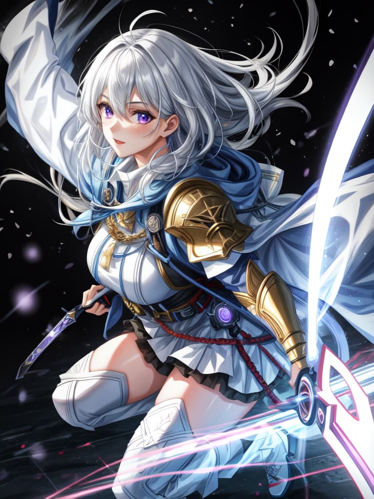  1 girl, armor, white hair, purple eyes, sword, wielding sword, blue flame, glowing weapon, light particles, wallpaper, color difference hyperrealistic, full body, detailed clothing, highly detailed, cinematic lighting, stunningly beautiful, intricate, sharp focus, f/1. 8, 85mm, (centered image composition), (professionally color graded), ((bright soft diffused light)), volumetric fog, trending on instagram, trending on tumblr, HDR 4K, 8K