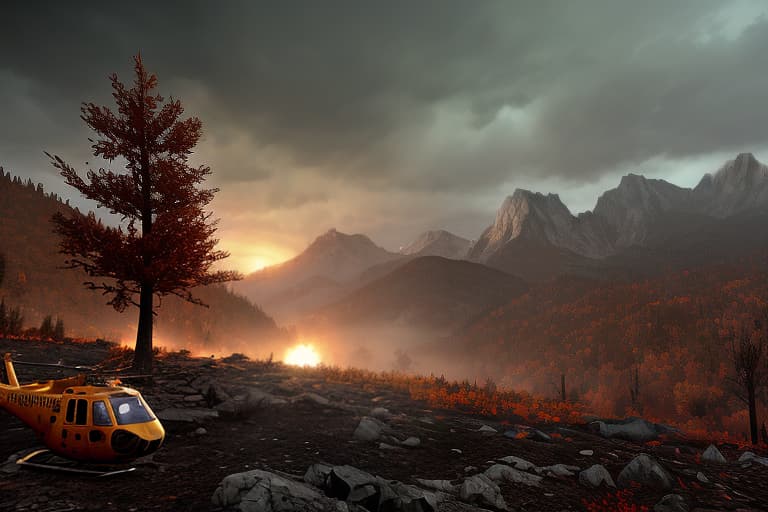  based on the game dayz, mountainous terrain, autumn, in a remote mountain, in the foreground of zombies, the picture is bright, the apocalypse, elements from the game dayz, the helicopter