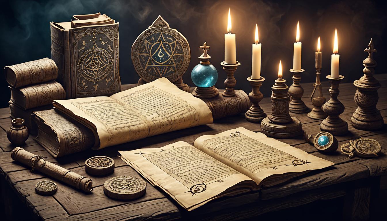  on parchment, surrealism+++, ancient scrolls and arcane books on a dark wooden table, mystical illumination, symbols of wisdom and knowledge, arcane(mysterious, provocative, symbolic,muted color)+++