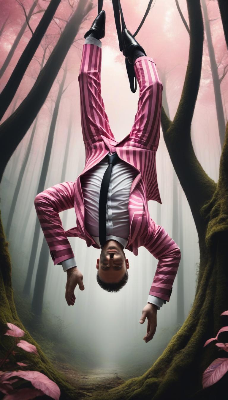  concept art color pink, white, black, gold forest a man in a striped suit hanging upside down . digital artwork, illustrative, painterly, matte painting, highly detailed, perfect hands