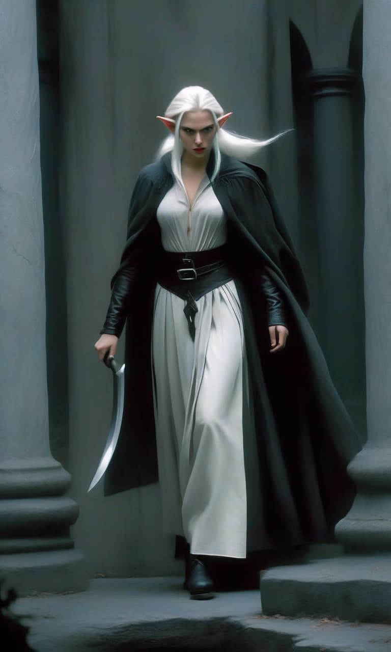  macabre style scarlett johansson in the form of an elf thief fighter with a sword in his hand, with white straight hair and black at the tips, in long white leather skirts and mail on a skirt, wrists and shoulders. full height. in a dark room with huge dark gray columns. . dark, gothic, grim, haunting, highly detailed, perfecteyes, perfect hands