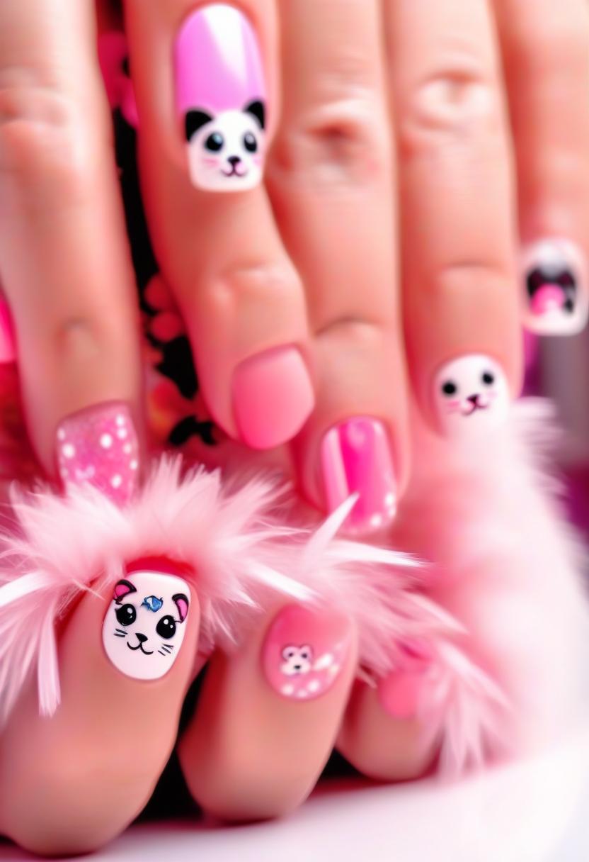  cute young woman with fluffy paws as hand and pinky claws at nail design studio, perfect hands, perfecteyes