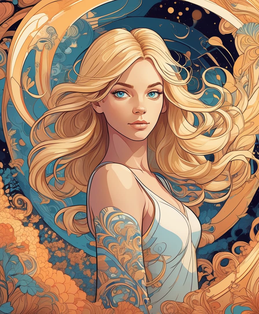  luxury product style light, centered, colorful, modern illustration of a girl with wild swirling blonde hair full of landscapes. portrait, fibonacci sequence, tessellation, art nouveau, heavy outline comic book . elegant, sophisticated, high end, luxurious, professional, highly detailed