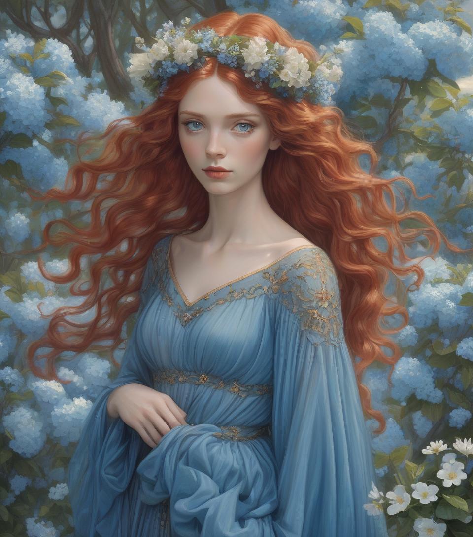  concept art a painting of a woman with flowing red hair, blue attire, and a floral crown standing among blue blossoms. create a portrait of a woman with detailed eyes in the style of the pre raphaelite brotherhood. she has botticelli style wavy, voluminous auburn hair, adorned with small blue flowers. she is dressed in a blue gown with a sheer, diaphanous over dress that flows elegantly, complementing the flowers in her hair. her fair skin, striking green eyes, red cupid's bow lips, and contemplative expression enhance her serene beauty. the pastoral background is romantic and ethereal, with weeping trees, soft hued flowers and clouds, demonstrating a reverence for natural beauty. this artwork blends realism with fantasy, resulting in a cap