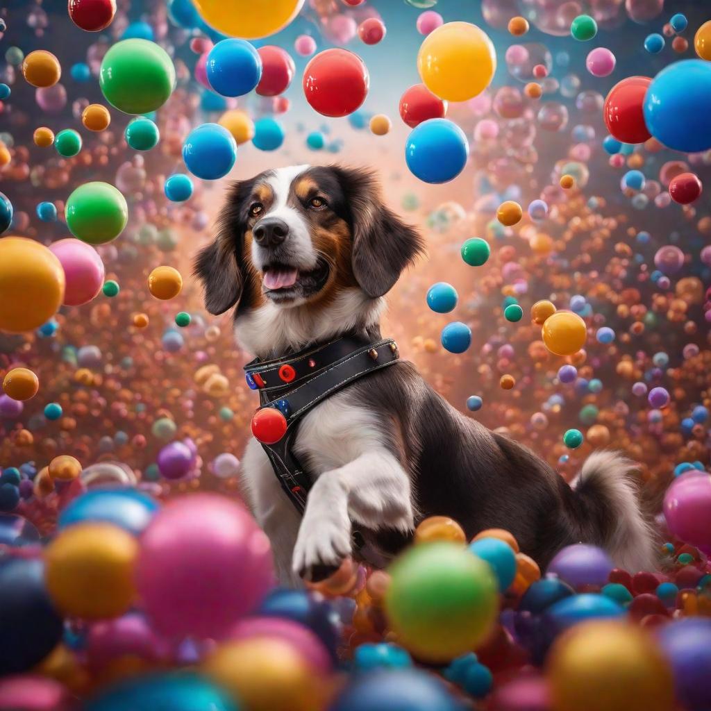  a dog floating in zero gravity, surrounded by colorful bubbles hyperrealistic, full body, detailed clothing, highly detailed, cinematic lighting, stunningly beautiful, intricate, sharp focus, f/1. 8, 85mm, (centered image composition), (professionally color graded), ((bright soft diffused light)), volumetric fog, trending on instagram, trending on tumblr, HDR 4K, 8K