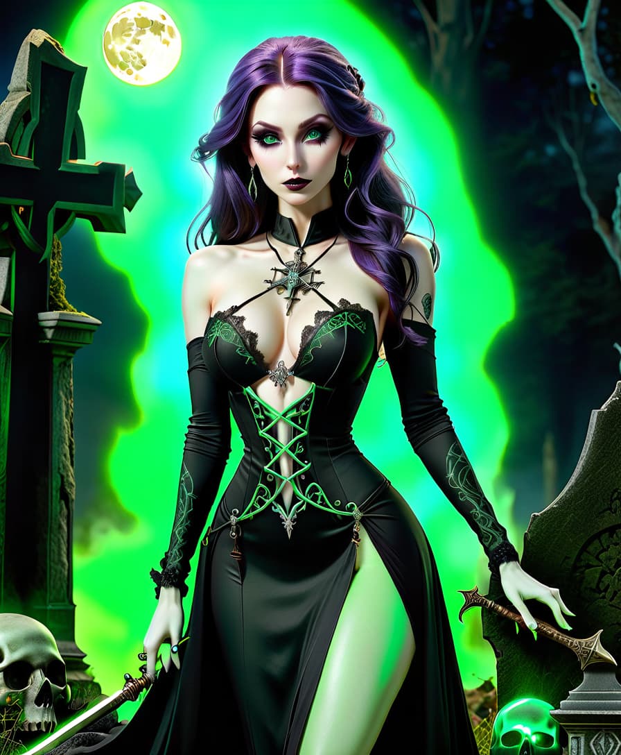  macabre style full body image of a (20 year elf with heterochromia)++ (left eye light green, right eye light blue, both glowing), (pale skin)++, (slender, thin, athletic body), (extremely thin waist), (very long, dark purple wavy hair), (large cross earrings and multiple hoop earrings), (visible large tattoo), (shoulders uncovered), (black, very short strapless victorian dress), ( soled boots), (lace garter stockings), (long cloak), (holding a necromancer's staff), (floating curved dagger and book beside her), (sitting on a tombstone), (bright green mystical glow), (old abandoned graveyard background)+, (many tombstones, crosses, graves)+, (withered trees)+, (crows)+, (spectral knights and ghosts)+, (full moon)+, (moonl hyperrealistic, full body, detailed clothing, highly detailed, cinematic lighting, stunningly beautiful, intricate, sharp focus, f/1. 8, 85mm, (centered image composition), (professionally color graded), ((bright soft diffused light)), volumetric fog, trending on instagram, trending on tumblr, HDR 4K, 8K