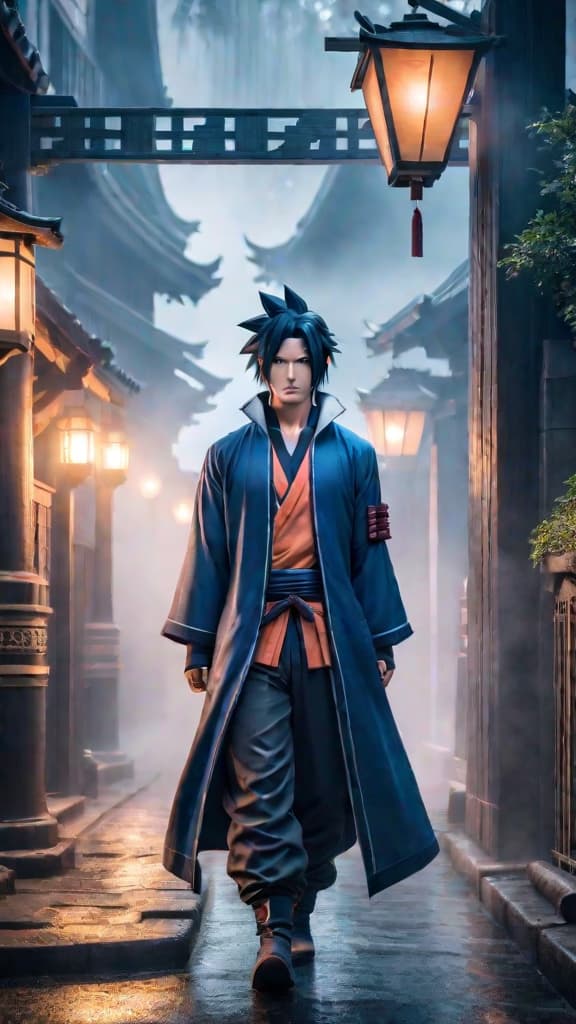  create an anime art of sasuke uchiha at konoha gates, pondering his choice: "that’s for you to decide." hyperrealistic, full body, detailed clothing, highly detailed, cinematic lighting, stunningly beautiful, intricate, sharp focus, f/1. 8, 85mm, (centered image composition), (professionally color graded), ((bright soft diffused light)), volumetric fog, trending on instagram, trending on tumblr, HDR 4K, 8K