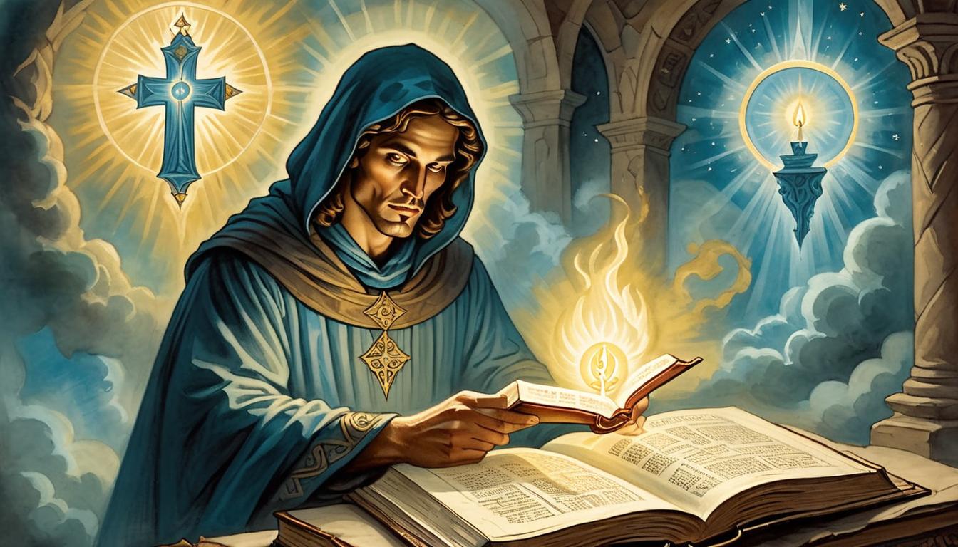  on parchment, surrealism+++, a figure holding the bible, eyes shining brightly, surrounded by an aura of divine light, sacred ambiance, vigilant, resilient(mysterious, provocative, symbolic,muted color)+++