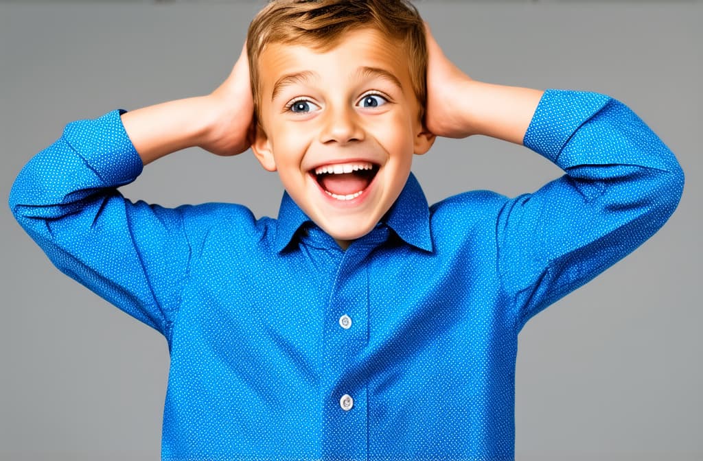  young excited smiling happy boy surprised and holding her head. mindlown expression ar 3:2 {prompt}, maximum details