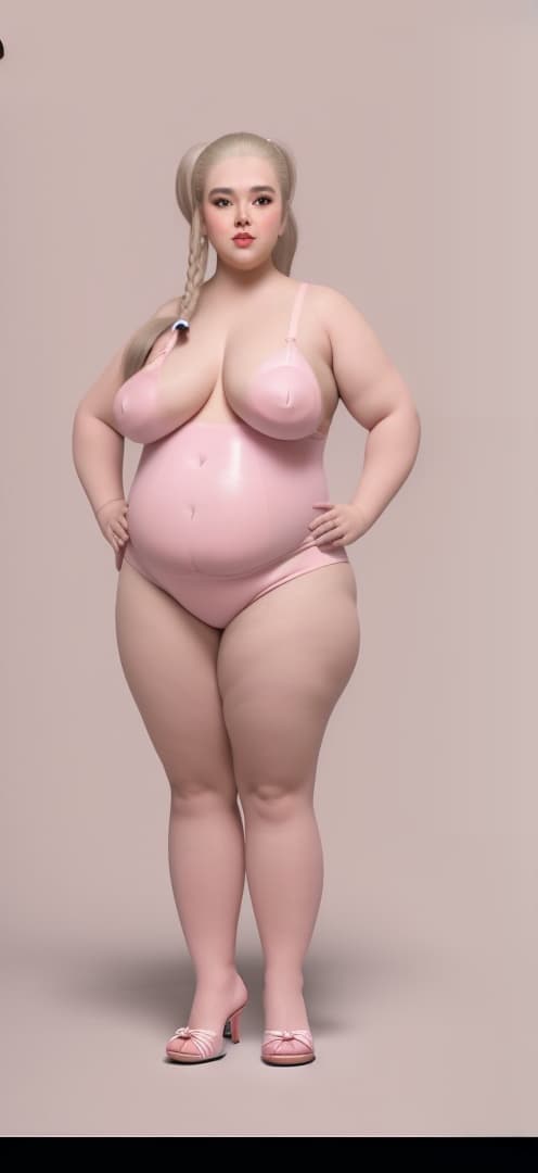  , ultra realistic photo, dimples, ultra realistic skin texture, standing pose, ultra tall 22 inch pink high heels, short pigtails hair, , ultra giant s, gigantic large s, ultra curvaceous SSBBW fat obese old , small head, rear view, back view, ultra giant SSBBW body, standing pose, ultra mive super obese , ultra fat, ultra mega obese, super size heavyweight , ultra gigantic fattest body, ultra super fat old , , gigantic mive body, grey empty room, mive fat ,, hyperrealistic, high quality, highly detailed, cinematic lighting, intricate, sharp focus, f/1. 8, 85mm, (centered image composition), (professionally color graded), ((bright soft diffused light)), volume