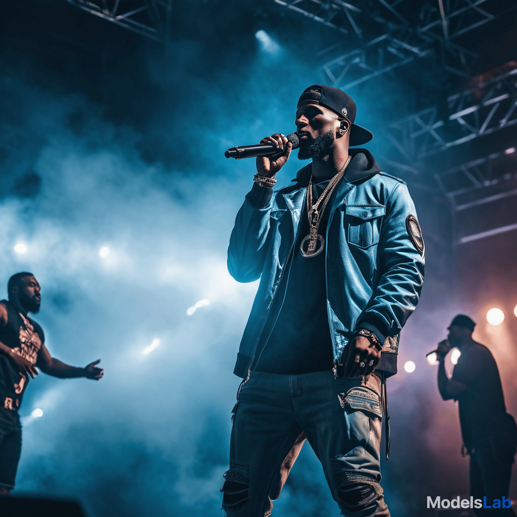  a rapper having stage concert with too crowd and amazing lightning hyperrealistic, full body, detailed clothing, highly detailed, cinematic lighting, stunningly beautiful, intricate, sharp focus, f/1. 8, 85mm, (centered image composition), (professionally color graded), ((bright soft diffused light)), volumetric fog, trending on instagram, trending on tumblr, HDR 4K, 8K