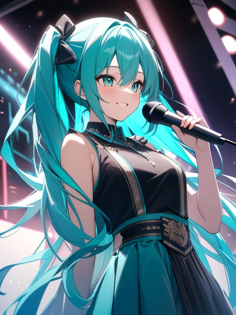  hatsune miku, cute, singing, having a microphone, smile, masterpiece, best quality,8k,ultra detailed,high resolution,an extremely delicate and beautiful,hyper detail