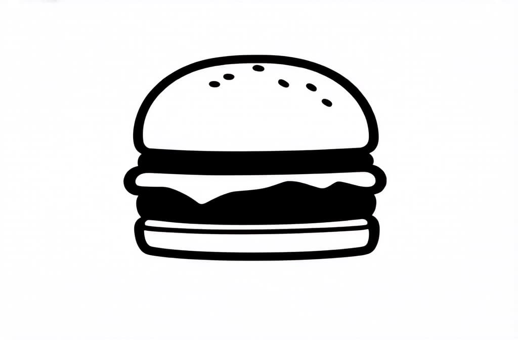  contour, very simple image in one unbroken black ink line, single line of burger, icon isolated on white background ar 3:2 using a single continuous black line ink brushon white background, drawing should be created without lifting the pen, recognizable features of burger, icon isolated on white background ar 3:2 in one unbroken line