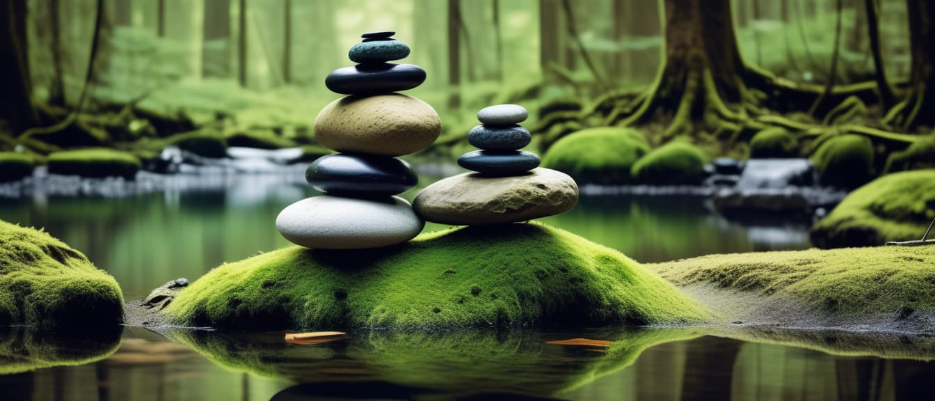  Tranquil Stack of Stones on Lush Mossy Island in Serene Forest Pond. Spa banner, bold pop art colors