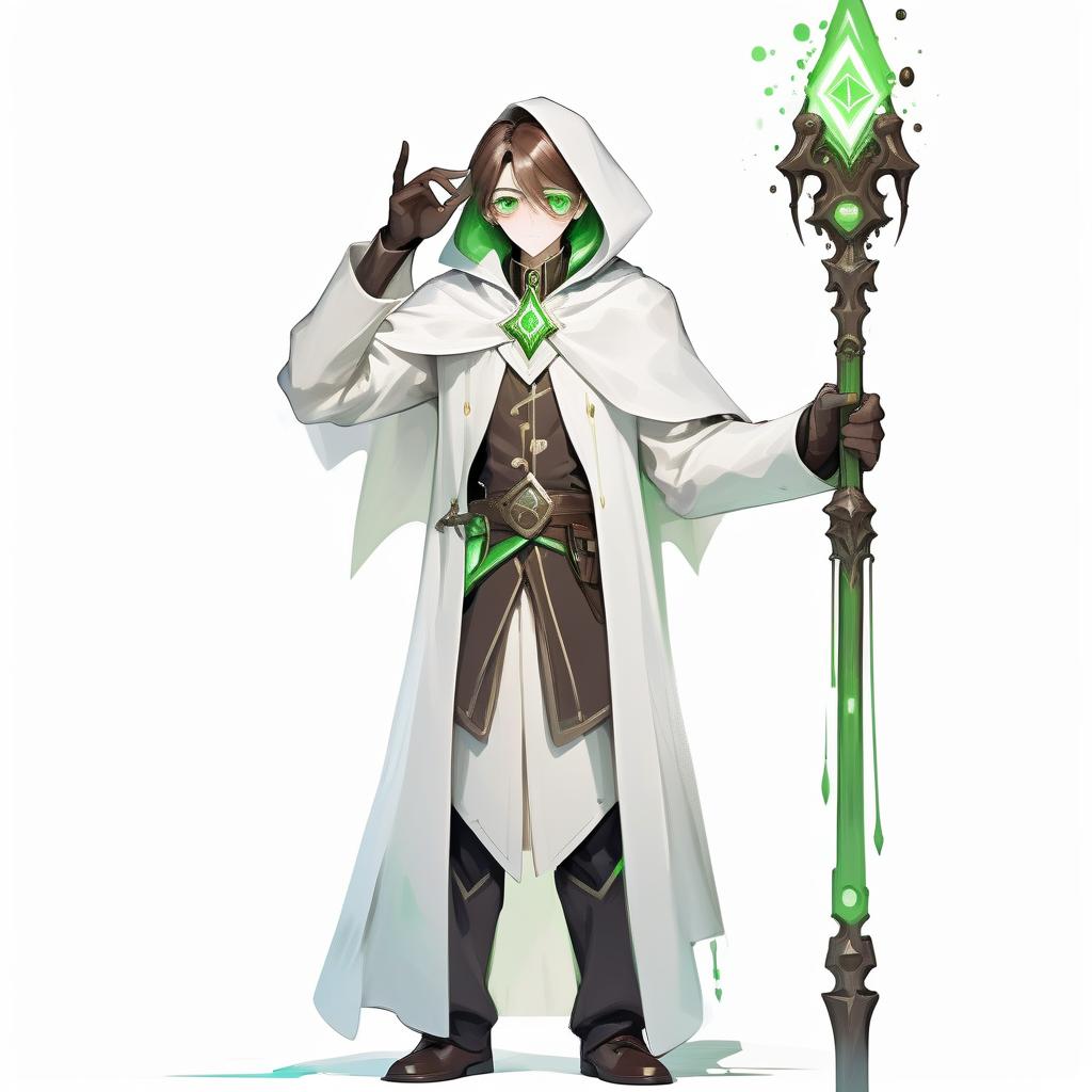  expressionist human , alchemist , wizard, white cape , green eyes, brown hair with wite hair on top, . raw, emotional, dynamic, distortion for emotional effect, vibrant, use of unusual colors, detailed, hkmagic