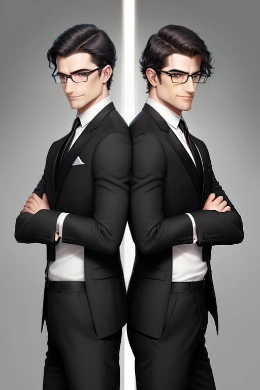  men are twins, strong, dark haired, in black strict suits, one in glasses, the second with a smug grin.