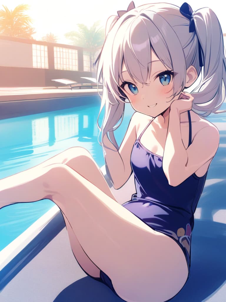  women's elementary students, twin tails, rich smiles, cute smiles, navy blue swimwear, old swimwear, swimwear, simple, male, shaped clear , shaped clear, clear stem, shaped crisp, male bulge,, front. the whole body, pool side,