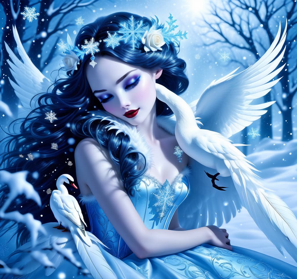  dreamscape thy name is (kiss the snow1,2) . ((key, (ice, blue1,6 sip)) ((blue eyed)) i've been jinxed ((snow singer1,8) . ((snow swan)) ((the snow swan)) feathers at my feet.( feathers flutter and slowly sink into the snow). (snow white swan): the head and body are creamy white with a silvery tint. wings of white blue colour from snowflakes (roses): light blue colour with leaves from ice crystals. background:soft blue with delicate patterns of falling snow and curls of blizzards, ice patterns on water.(style):fantasy, romantic art, silver age poetry, 19th century, dedication. . surreal, ethereal, dreamy, mysterious, fantasy, highly detailed, civitai, hkmagic