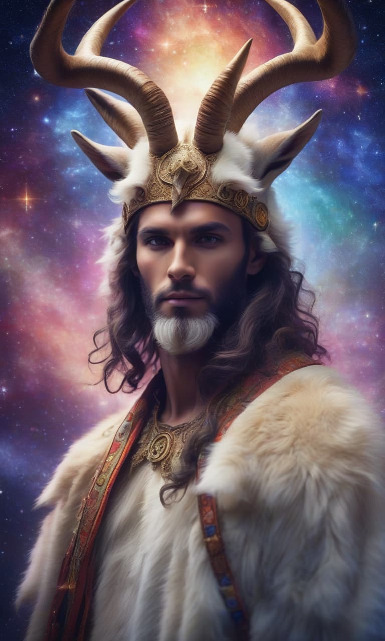  beautiful man with the horns of a mountain goat on his head, looks straight, against the background of stars and zodiac signs, around a multicolored aura, close up, 4k, realistically