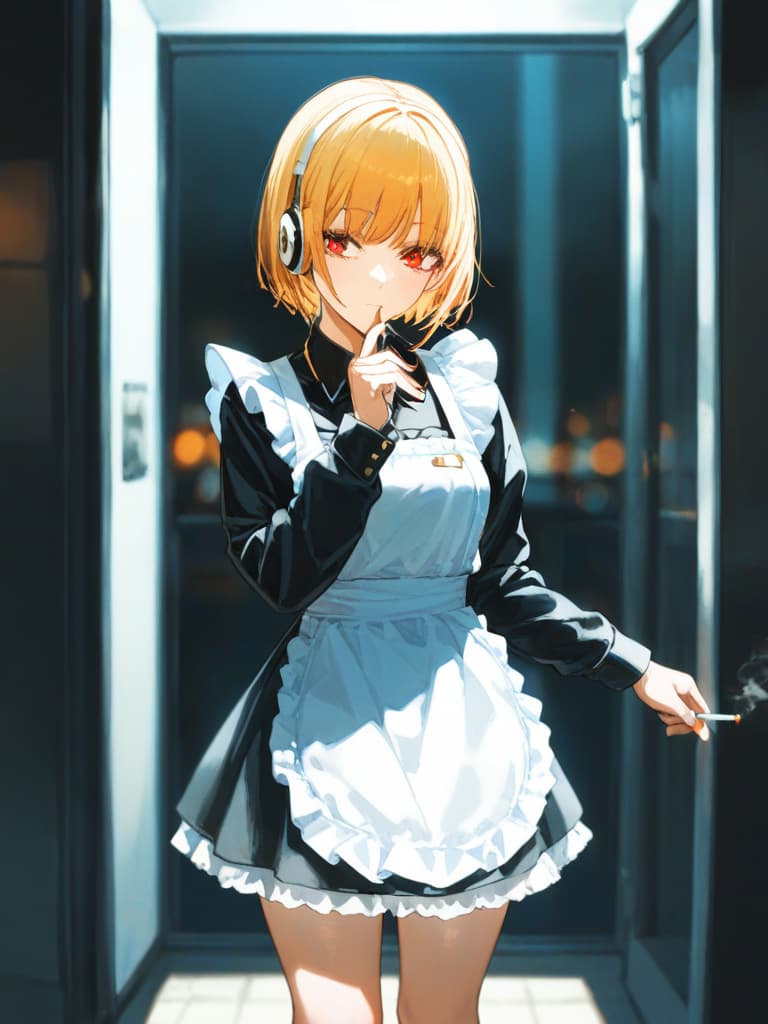  a who smokes cigarettes, a wearing a cigarette, a wearing headphones, a with a blonde bob cut, whole body, black jacket, maid cosplay, standing, black frill , white apron, masterpiece, best quality,8k,ultra detailed,high resolution,an extremely delicate and beautiful,hyper detail