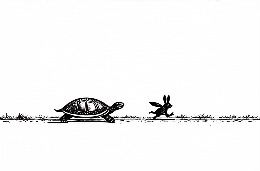  contour, very simple image in one unbroken black ink line, single line of turtle running on road. rabbit trying to catch her ar 3:2 using a single continuous black line ink brushon white background, drawing should be created without lifting the pen, recognizable features of turtle running on road. rabbit trying to catch her ar 3:2 in one unbroken line