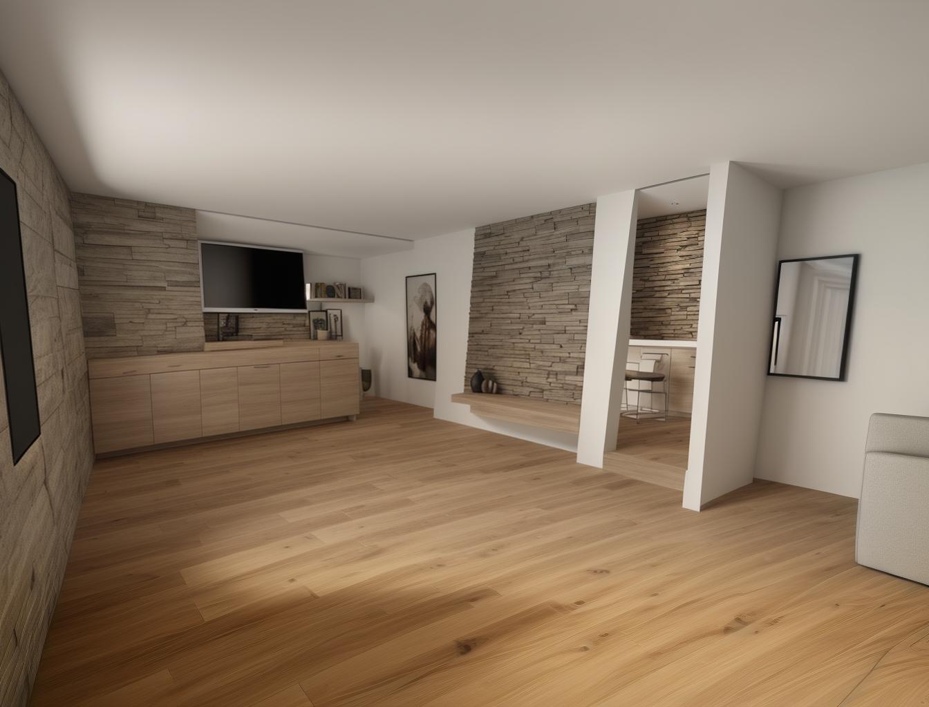  generate a photorealistic rendering of a modern living room with a combination of wooden floors and a stone accent wall. include sleek, contemporary furniture to contrast with the natural materials, creating a sophisticated yet comfortable atmosphere.