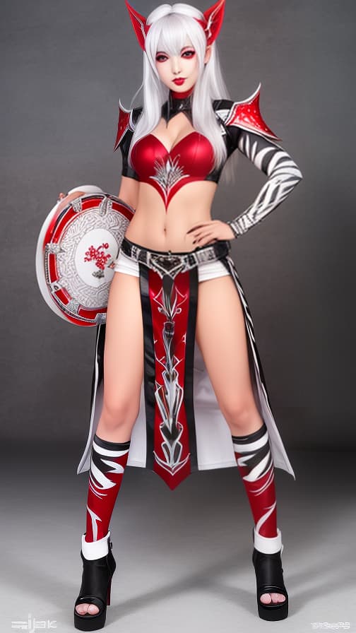  Full body red and silver flame pattern body paint, White body paint on the whole body,grey face paint on the face, Dark elf, full body image 女性