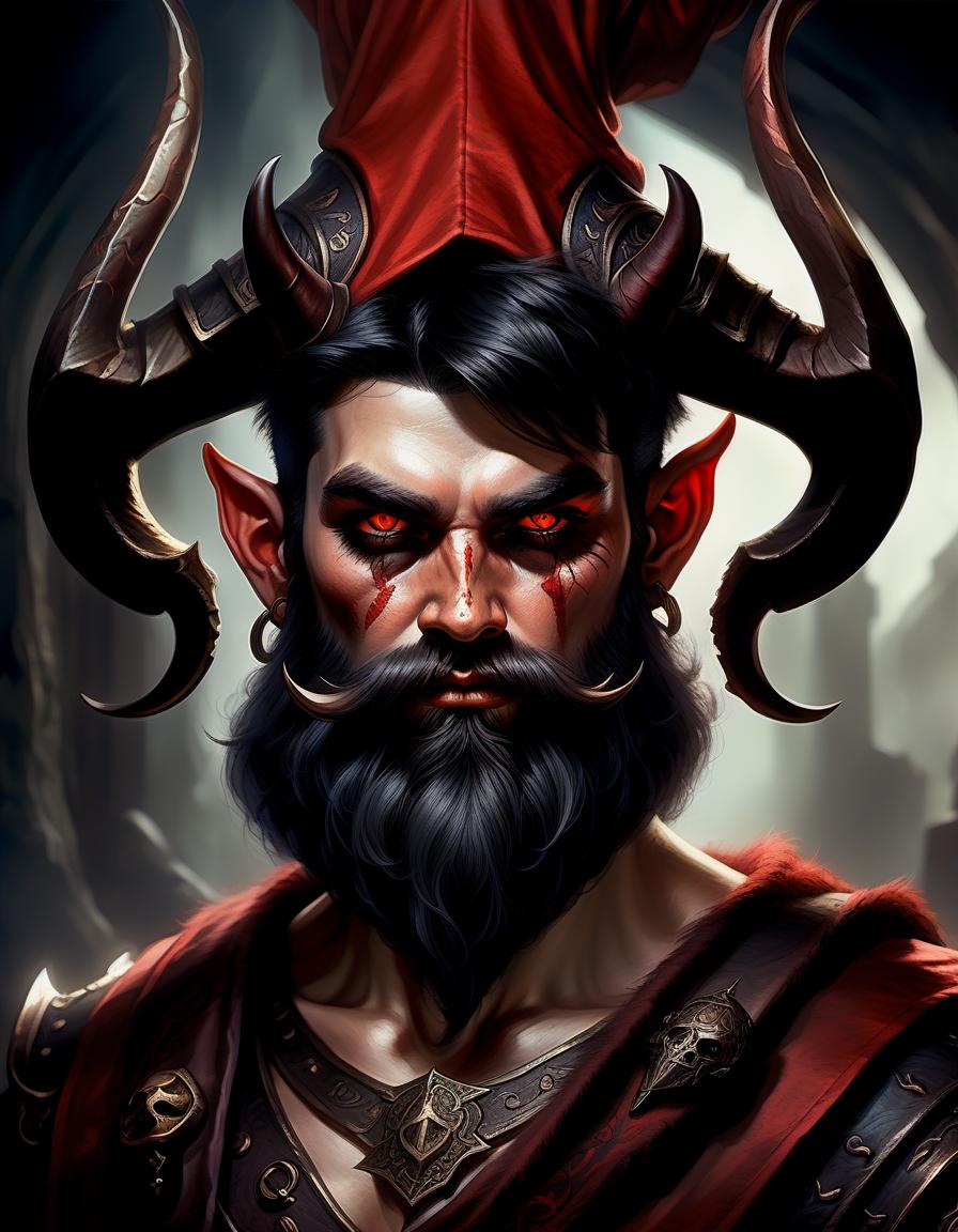  role playing game (rpg) style fantasy portrait of dwarf with black hair, black beard, black horns, red skin, demonic eyes in mine . detailed, vibrant, immersive, reminiscent of high fantasy rpg games, oil painting, hkmagic