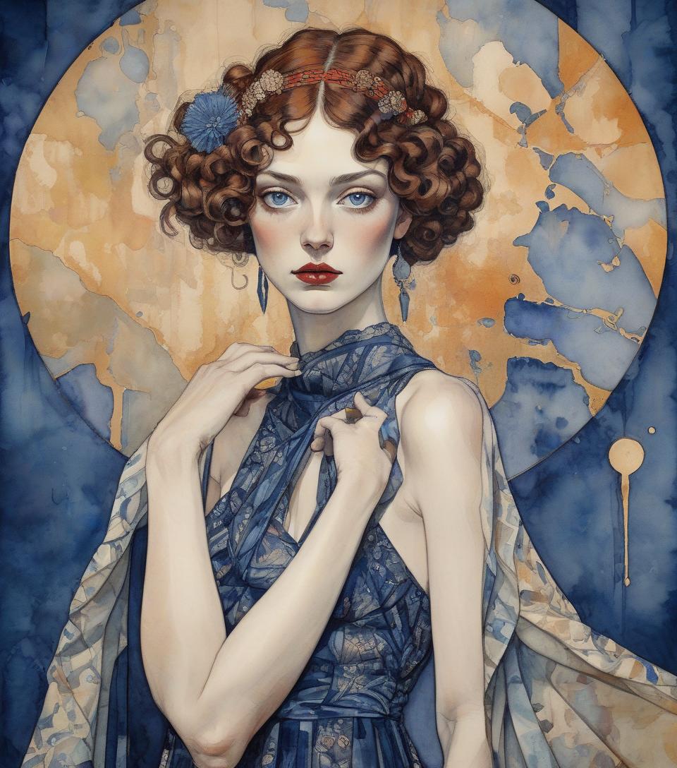  portrait of a beautiful sensual woman in elegant floreal dress in art deco by annigoni, egon schiele, milo manara, botticelli, catrin welz stein, jean metzinger, klimt, perfect eyes, perfect handsface, highly detailed, complementary colors, hyper detailed. watercolor and ink splatter, dynamic pose, dark blue background , watercolor, trending on artstation, sharp focus, studio photo, intricate details, highly detailed, by greg rutkowski, watercolor, trending on artstation, sharp focus, studio photo, intricate details, highly detailed, by greg rutkowski