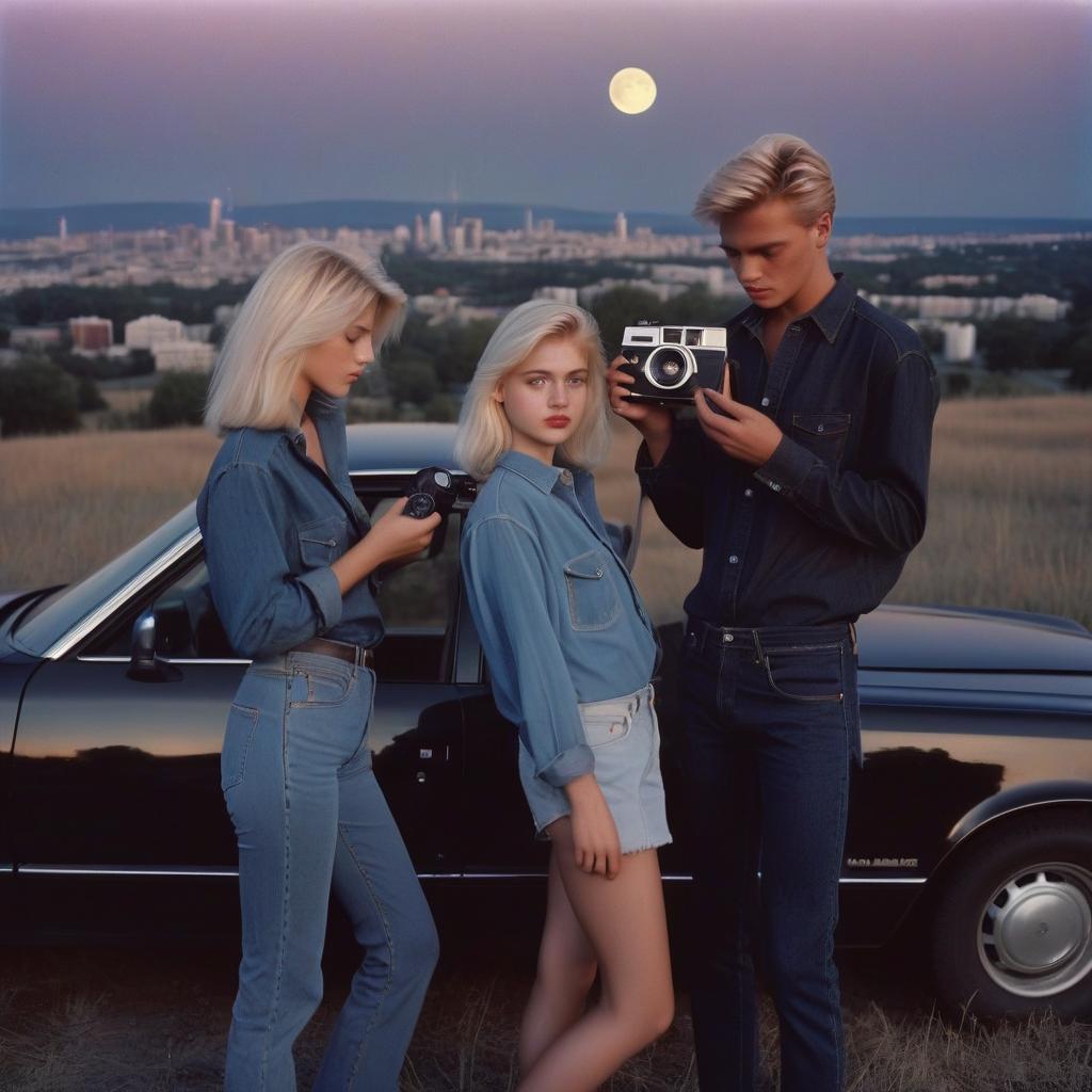  analog film photo a platinum blonde girl takes pictures on a polaroid in a black shirt and stands next to a blonde guy in a denim shirt, standing by a black car, a view from a hill, in the background the city, the time of dusk, a full light moon, the style of the 80 90s. . faded film, desaturated, 35mm photo, grainy, vignette, vintage, kodachrome, lomography, stained, highly detailed, found footage