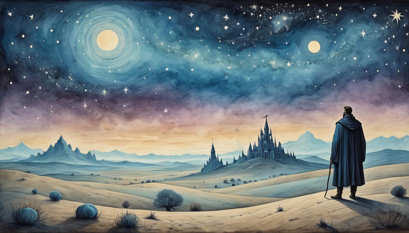  on parchment, surrealism+++, a vast open landscape with a figure standing alone under a night sky filled with stars, expansive, luminous, new beginning(mysterious, provocative, symbolic,muted color)+++