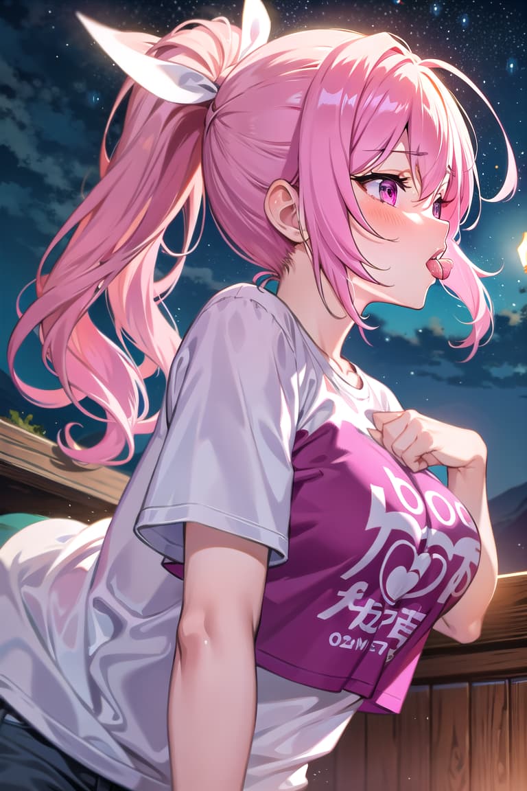  r 18, , middle , pink haired ,ponytail,large eyes,t shirts, , tongue,,dim, night ,love hotel