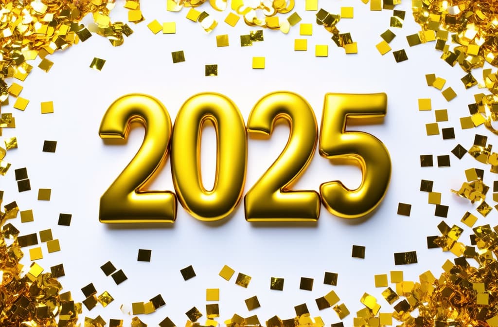  gold 2025 numerals surrounded by gold confetti and streamers on a white background. 2025 new years eve celebration ar 3:2 {prompt}, maximum details