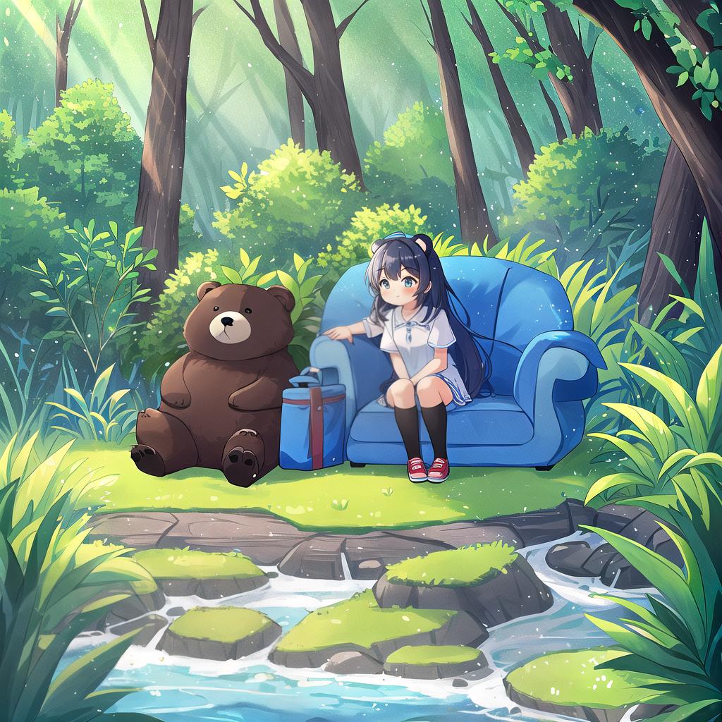  a bear sitting in a blue chair, forest setting, illustrated cute