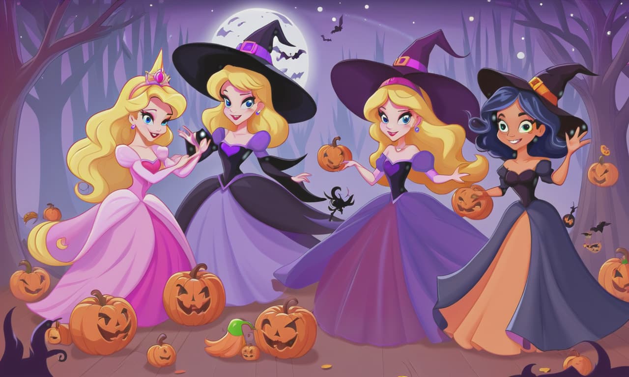  cartoon princesses playing with witches