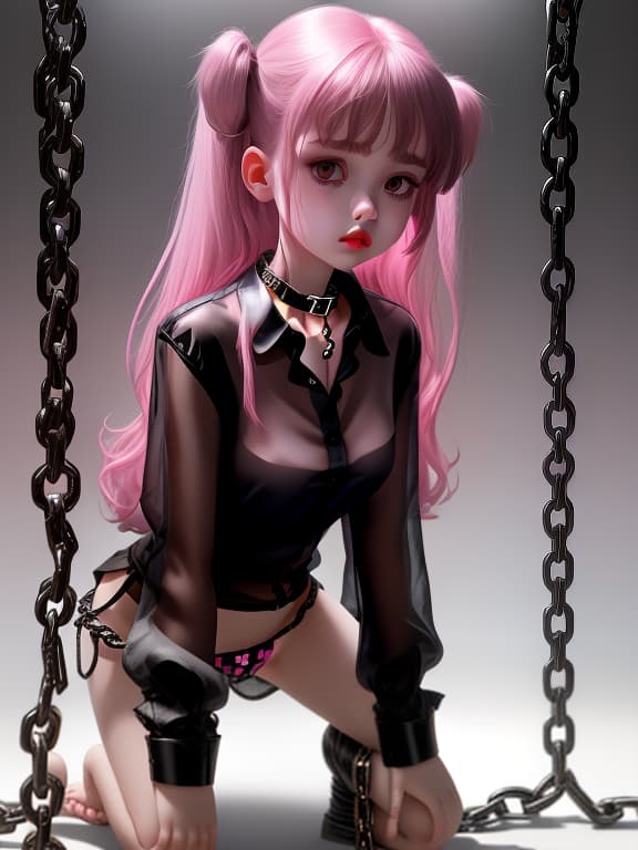  a girl kneels in a collar tied to chains, pink lips, black transparent checkered shirt, no underpants, no pants, beautiful