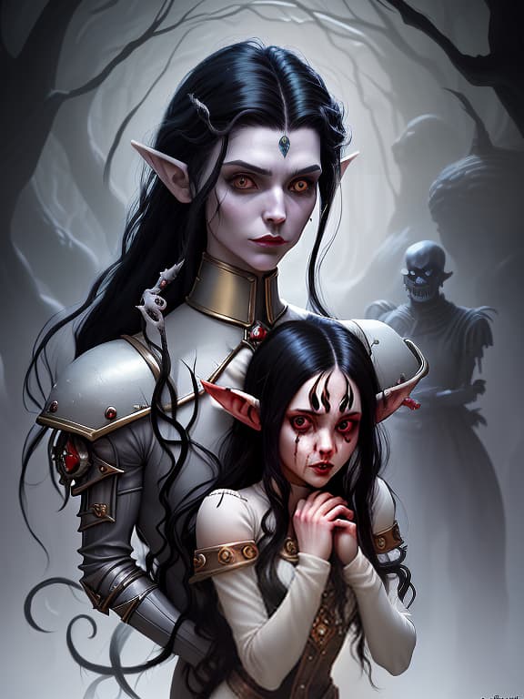  elfish from the universe of warhammer 40000, in white attire, hair gathered in a tail, black hair, brown eyes, hands behind her back, the elf looks from high, dark , creepy , blood , monsters , by jason engle , carlos huante , charlie bowater , simon lee , brom