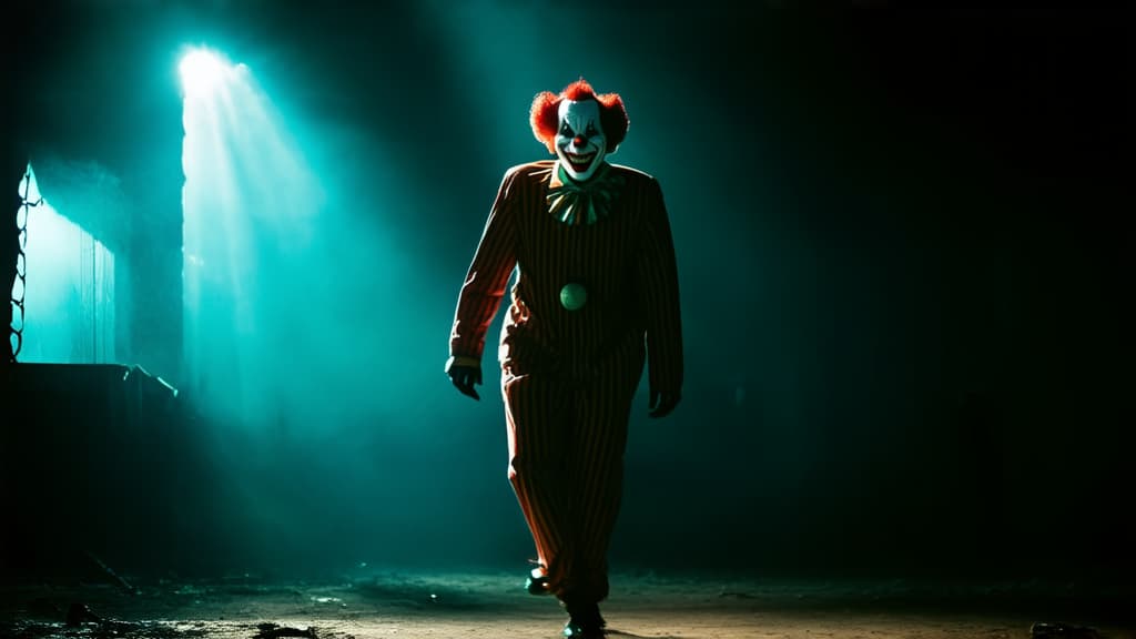  cinematic film style, full length of a scary dancing clown against the backdrop of an abandoned circus in the style of stephen king, dark colors, the clown is visible in full length ar 16:9, shallow depth of field, vignette, maximum details, high budget hollywood movie, bokeh, cinemascope, moody, epic, gorgeous, sun rays and shadows on furniture and surfaces, flattering light, raw photo, photography, photorealistic, 8k resolution, f1.4, sharpened focus, sharp focus