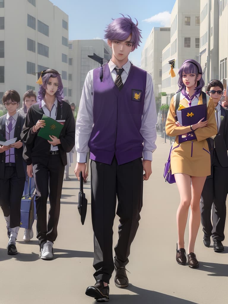  (((male student 👨‍🎓:1.5)){male student 👨‍🎓:1.5 (purple hair,very short):1.8,wearing shirt & pants} walking around town,commuting time} super detailed,high resolution,absurd,employed,