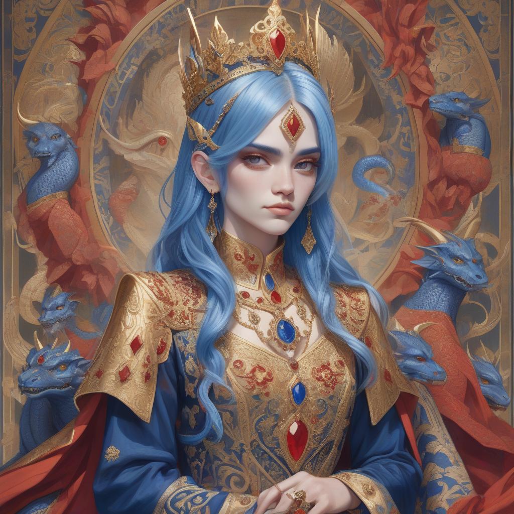  a detailed illustration of a woman with blue hair, a golden crown adorned with red and blue gems, and richly embroidered clothing. enhance this picture, and show a dragon sign on it