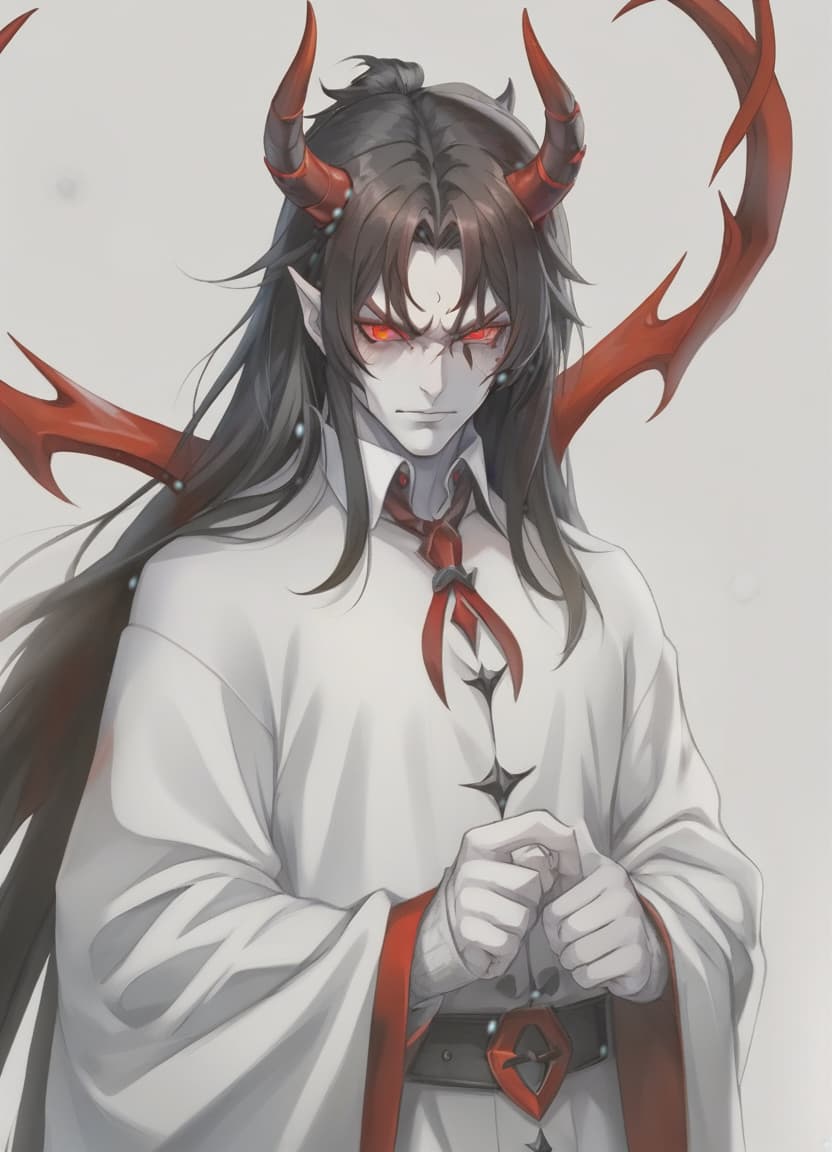  hdr photo of man demon, red horns, red eyes, black long hair, winter clothes . high dynamic range, vivid, rich details, clear shadows and highlights, realistic, intense, enhanced contrast, highly detailed