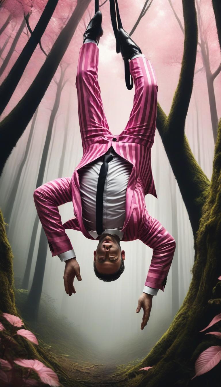  concept art color pink, white, black, gold forest a man in a striped suit hanging upside down . digital artwork, illustrative, painterly, matte painting, highly detailed, perfect hands