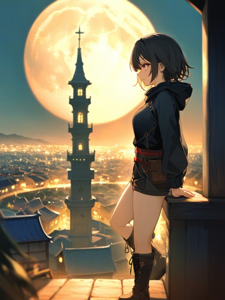  ultra detailed,masterpiece,best quality,hdr,8k,young ninja,wearing a black hooded sweatshirt,black shorts,black tights,and long boots,with a japanese sword at her waist,crouched atop a tower,gazing into the distance,with an ominous grin on her face,set against a night sky with a large moon and no stars,overlooking the scattered lights of an ancient western town